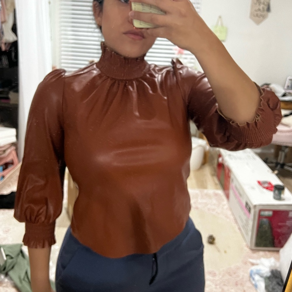 INC BROWN LEATHER TURTLE NECK
SUEDE TOP BLOUSE SLEEVE